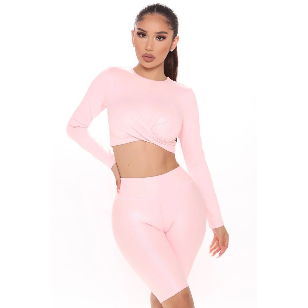 Fashion Nova Sport Women Pink Shimmer Twist Front Long Sleeve Crop Top XS